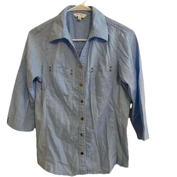 Coral Bay Women's Size S Light Blue Button Up Shirt 3/4 Sleeve Shirt Preowned - Picture 1 of 6